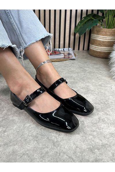 Nstil Daily Women's Black Patent Leather Ballerinas Oval Toe Low Heel Buckle Light Comfortable Shoes M-506
