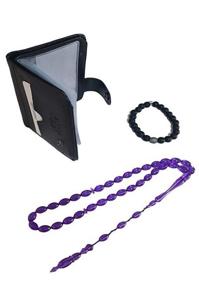 RD EKOAVM Leather Card Holder Wallet, Barley Cut Rosary and Natural Stone Bracelet Set of 3