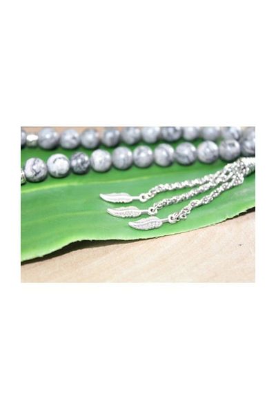 RD EKOAVM Three Tassel Leaf Tip Globe Cut 8 mm Rosary Gray Agate Rosary with Veins Rdt2108