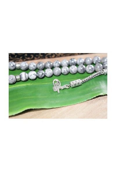 RD EKOAVM Single Tassel Tuğra Tip Globe Cut 8 Mm Rosary with Veins Gray Agate Rosary Rdt2094