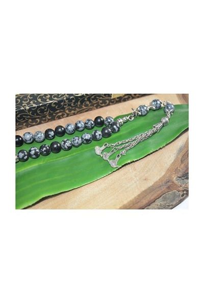 RD EKOAVM Three Tassel Tuğra Tip Globe Cut 8 Mm Rosary Gray Obsidian Rosary Rdt2306