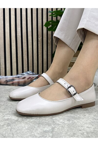 Nstil Daily Women's Beige Ballerinas Oval Toe Low Heel Buckle Light Comfortable Shoes M-506