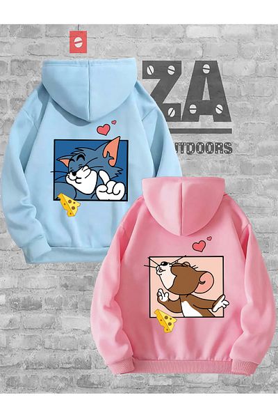 Joza Outdoors Hanorac cu glugă cu imprimeu Tom și Jerry Lover - Design combinat de cuplu, set de 2