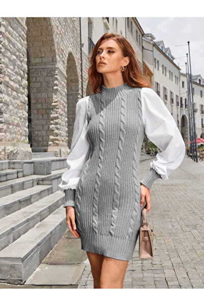 citystyle Γκρι πλεκτό φόρεμα - Πλεκτό Σελάντικ, Πλεκτό λαιμό, Μοτίβο μαλλιών