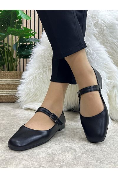 Nstil Daily Women's Black Ballerinas Oval Toe Low Heel Buckle Light Comfortable Shoes M-506