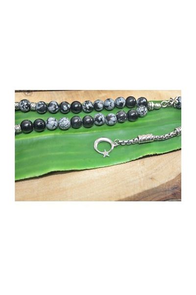 RD EKOAVM Single Tassel Moon Star Tip Globe Cut 8 Mm Rosary Gray Obsidian Rosary Rdt2291