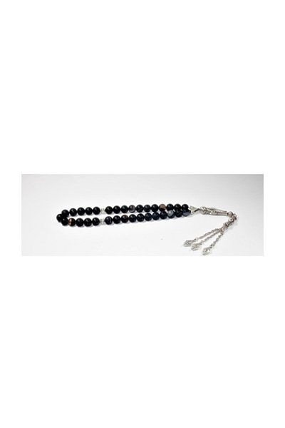 RD EKOAVM Three Tassel Tile Tip Globe Cut Rosary 8 Mm Black Veined Agate Rosary Rdt12152