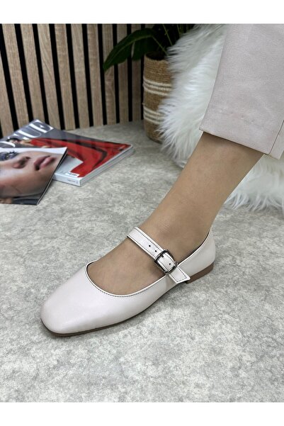 Nstil Daily Women's Beige Ballerinas Oval Toe Low Heel Buckle Light Comfortable Shoes M-506