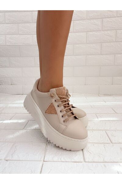 goodbye Perada Bej Deri Kristal Taşlı Sneakers Spor Ayakkabı