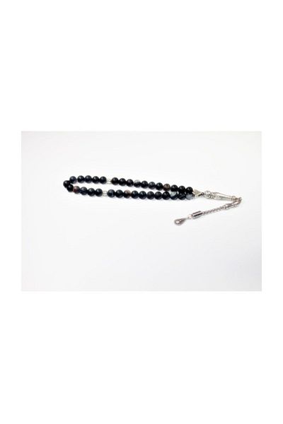 RD EKOAVM Single Tassel Drop Tip Globe Cut Rosary 8 Mm Black Veined Agate Rosary Rdt12143