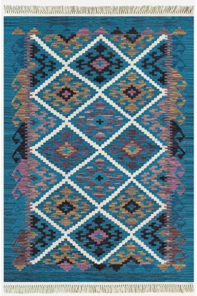 kilim home Cotton Rug 60 Blue Traditional Motifs Modern Decorative Fringed Wa...