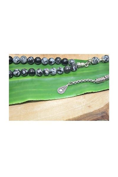 RD EKOAVM Single Tassel Drop Tip Globe Cut 8 mm Rosary Gray Obsidian Rosary Rdt2290