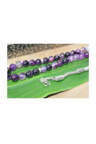 RD EKOAVM Single Tassel Tuğra Tip Globe Cut 8 Mm Rosary with Veins Purple Agate Rosary Rdt2074