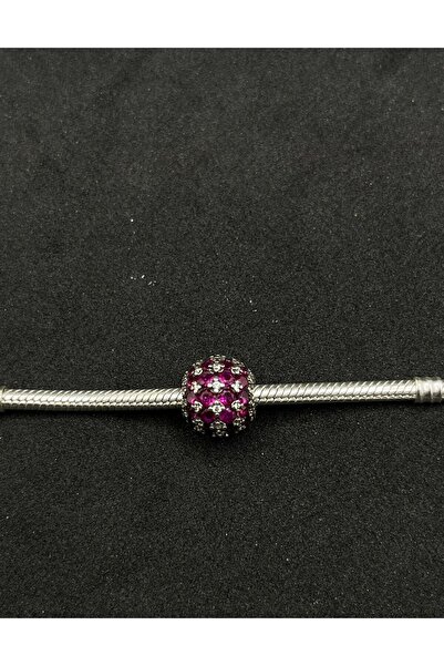 Genel Markalar Işıltılı Pembe Taşlı Yuvarlak Charm 925 ayar gümüş
