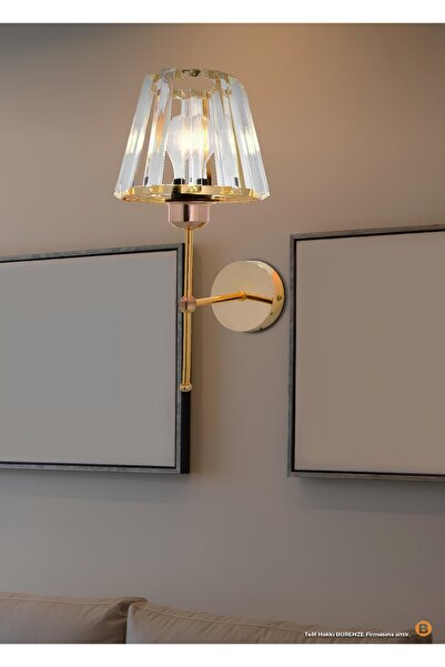 burenze Modern Kristal Taşlı Kablosuz Tak Çalıştır Pilli Aplik Gold Sarı