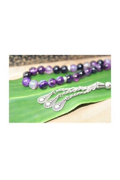 RD EKOAVM Three Tassel Drop Tip Globe Cut 8 Mm Rosary with Veins Purple Agate Rosary Rdt2085