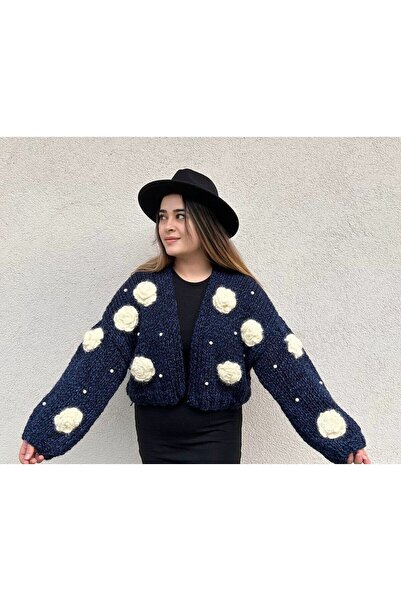 mihal boutique Cardigan cu perle cu motiv trandafir bleumarin