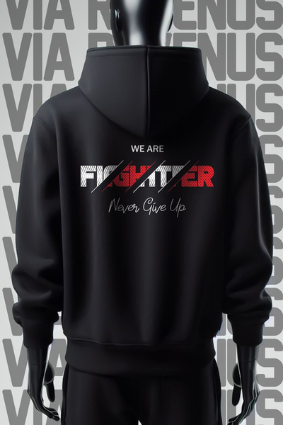 Vordevia سويت شيرت بقلنسوة أسود مقاتل - 3 خيوط، مقاس واسع، مطبوع من الأمام وا...