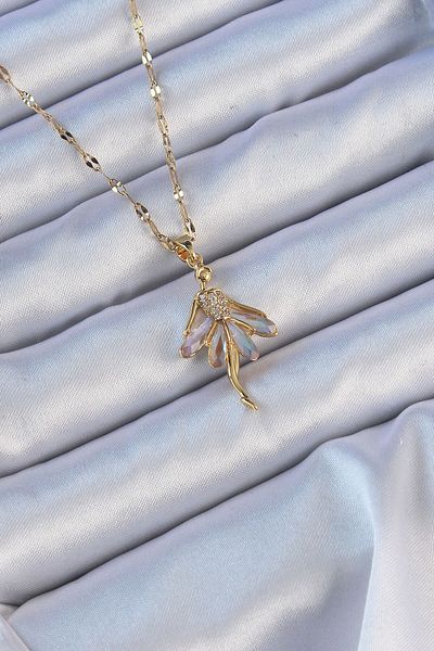Moka Shopin Mokashopin - 316L Steel Chain, Gold Colored Lilac Zircon Ballerina Necklace