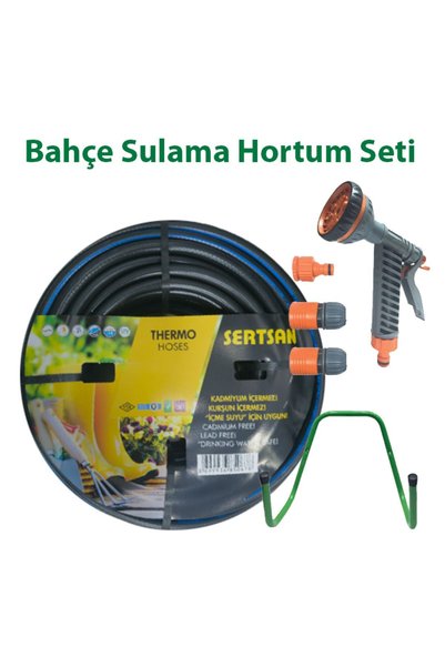 Sertsan Bahçe Sulama Seti 6 Fonksiyonlu Tabanca, Ayar Seti, Hortum Askısı ve 20 Metre Termo Kauçuk Hortum