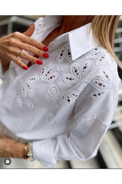 laughs Women's White Scalloped Long Sleeve Linen Look Shirt De3210
