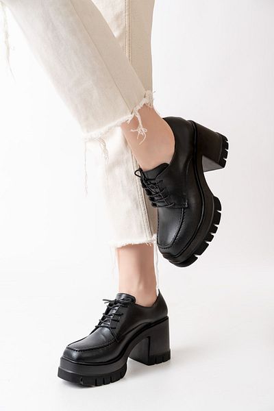 asmi shoes Pantofi cu platformă cu toc de 8 cm, piele neagră, cu șireturi