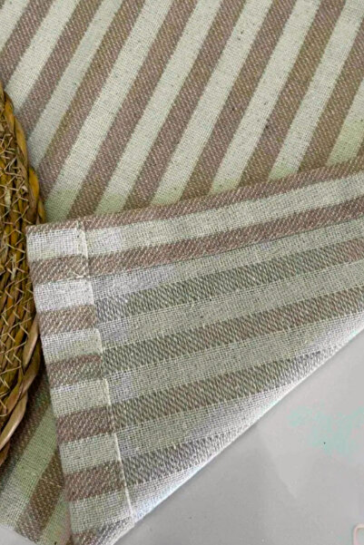 KAMİZ Linen Runner - Light Brown Striped, 40x150 Cm