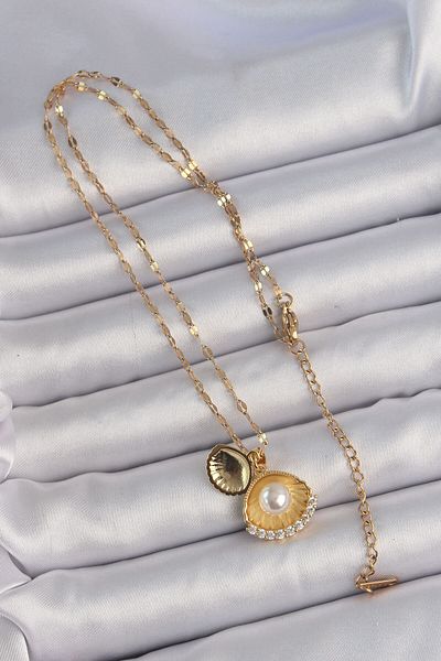 Moka Shopin Mokashopin 316L Gold Colored Oyster Necklace with Zircon Stones and Pearls