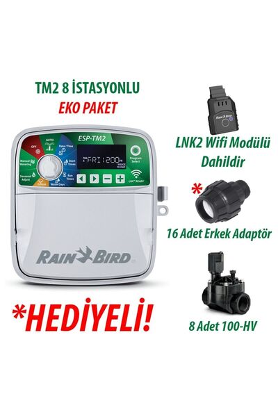 Rainbird Rain Bird Dış Mekan TM2-8 İstasyonlu Kontrol Ünitesi + LNK2 WIFI Modülü + 8 Adet 100HV Vana Seti