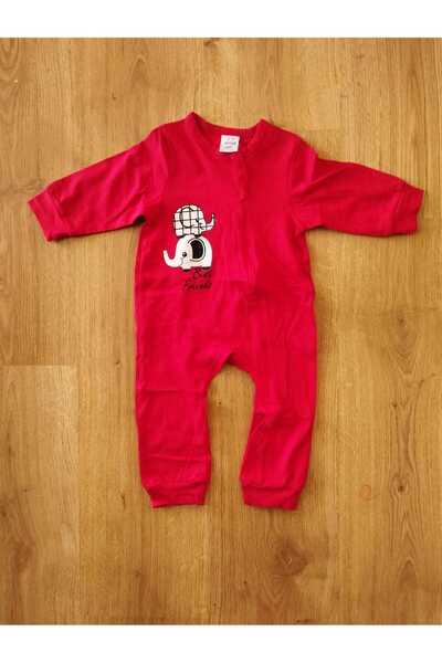 Newteam Crew Neck Long Sleeve Elephant Illustrated 100% Cotton Baby Jumpsuit Without Booties