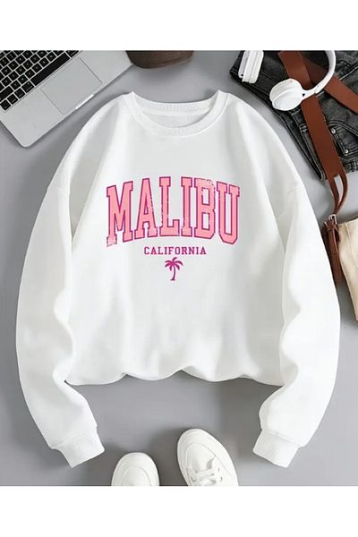 Elvino White Malibu Printed Oversize Unisex Winter Sweatshirt