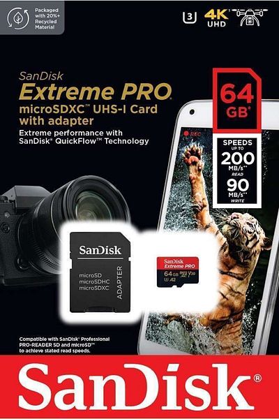SanDisk Extreme Pro 64gb 200/90mb/s Microsdxc Memory Card with UHS-I Adapter Sdsqxcu-064g-gn6ma