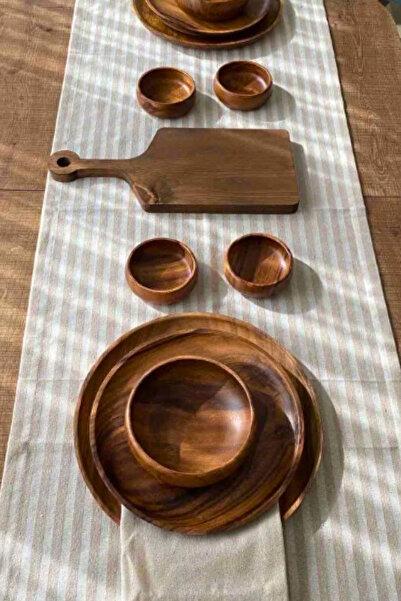 KAMİZ Linen Runner - Light Brown Striped, 40x150 Cm