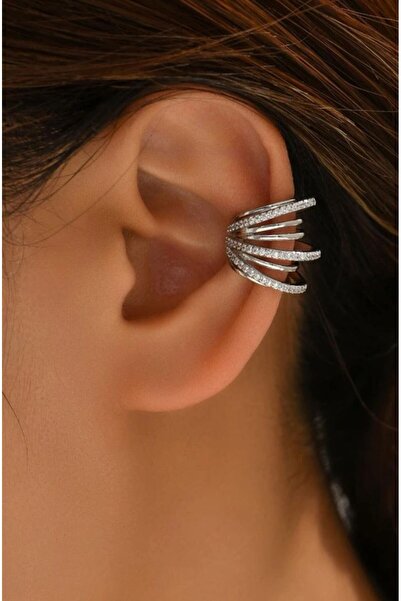 AychaAksesuar Çelik gümüş renk deliksiz geçirmeli çoklu görünen kıkırdak küpe