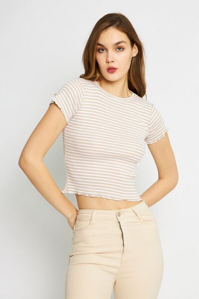 Oyga Γυναικεία πέτρινη καμιζόλα ριγέ μπλούζα με λαιμόκοψη