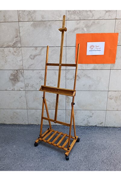 İNCİ TUVAL Tekerlekli Profesyonel Şövale Ahşap Kare Ayaklı H Tipi Özel El Sıkma Aparatlı Kolay Kurulum Vernikli