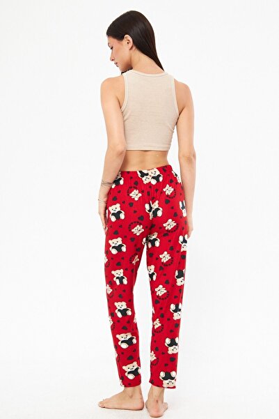 Oyga Red Teddy Bear Patterned Cotton-Suede Velvet Pajama Bottoms