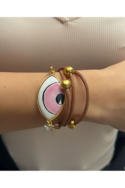 Kutcha Accessories Modern and Stylish Women's Set - Brown Leather Bracelet with Ceramic Eye Detail