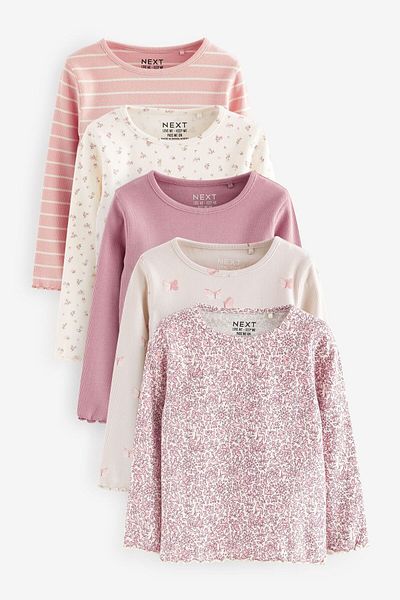 Next Baby Cotton Pink Floral Patterned Long Sleeve Ribbed 5-Piece Top and Bottom Set