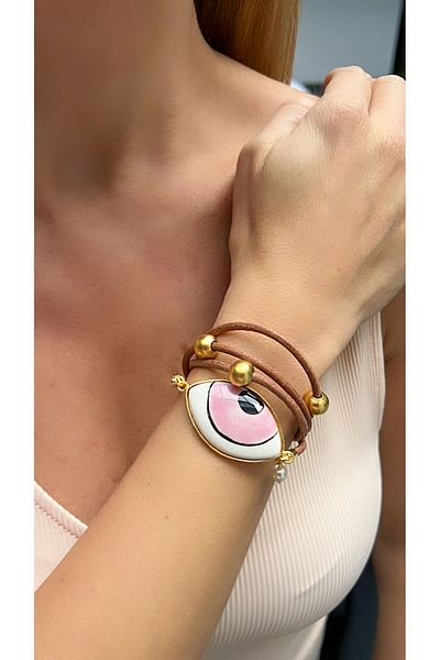 Kutcha Accessories Modern and Stylish Women's Set - Brown Leather Bracelet with Ceramic Eye Detail