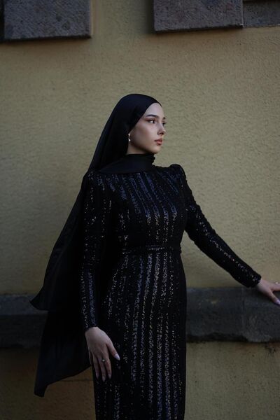 BAHARYAMAÇLI Kadın Maren Siyah Şerit Pullu Belden Kuşaklı Tesettür Abiye Elbise