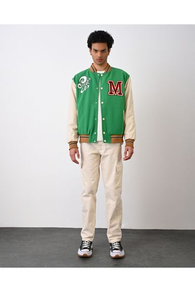 İLKCET MODA M Κεντημένο Unisex Suede Sleeve Leather College Jacket