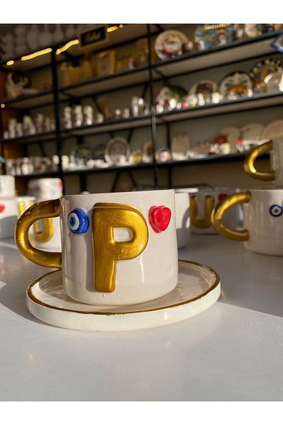 Banuart Lettered Evil Eye Beaded - Heart Ceramic Coffee Cup, Gift Handmade
