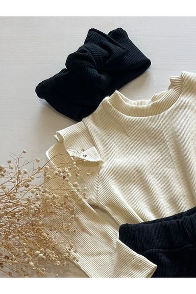 özge başaran Cream Colored Long Sleeve Bodysuit and Black Leggings for Girls - Casual Stylish and Comfortable Set