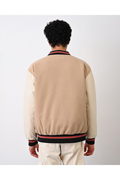 İLKCET MODA M Κεντημένο Unisex Suede Sleeve Leather College Jacket