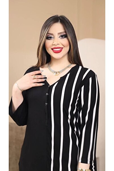 HÜLYA BUTİK Γυναικεία μπλούζα με ασπρόμαυρη ριγέ γιακά σε μεγάλο μέγεθος