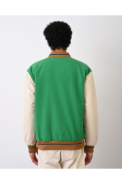 İLKCET MODA M Κεντημένο Unisex Suede Sleeve Leather College Jacket