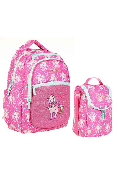 KAUKKO Set rucsac și geantă de prânz pentru școală primară roz cu model unicorn - fetiță cu sclipici brodate