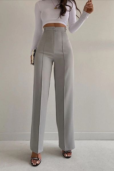 ELLEGANT Gray High Waist Ribbed Stitched Gathering Palazzo Women's Trousers