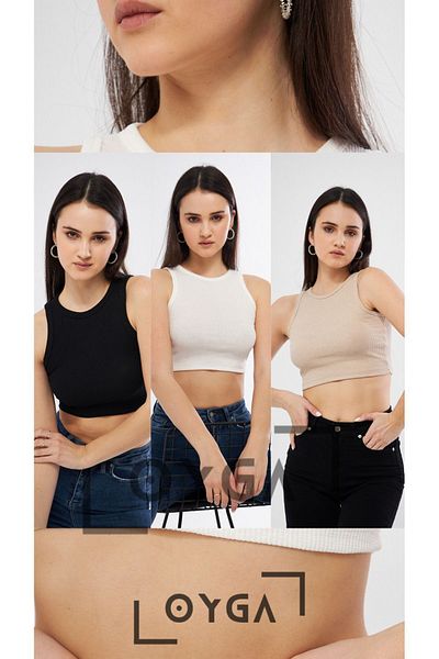 Oyga Γυναικείο Μαύρο - Λευκό - Κρεμ Καμισόλα Crew Neck Athlete Crop